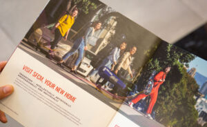 Music students crossing the street. Interior spread of San Francisco Conservatory of Music lookbook.