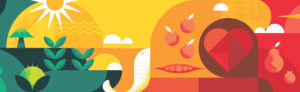 Full illustration of sunshine, plants, and heart healthy foods for Raley's