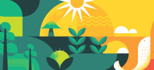Wide illustration of sunshine, plants, and food for Raley's
