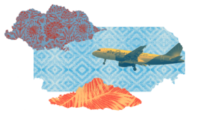Graphic collage of airplane with imagery and textures