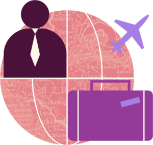 Icon design of a map-textured globe with flat icons of a person with a tie, airplane, and luggage