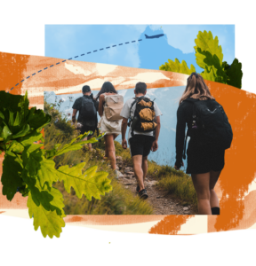 Graphic collage of friends hiking with imagery and textures