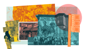 Graphic collage of Oakland murals