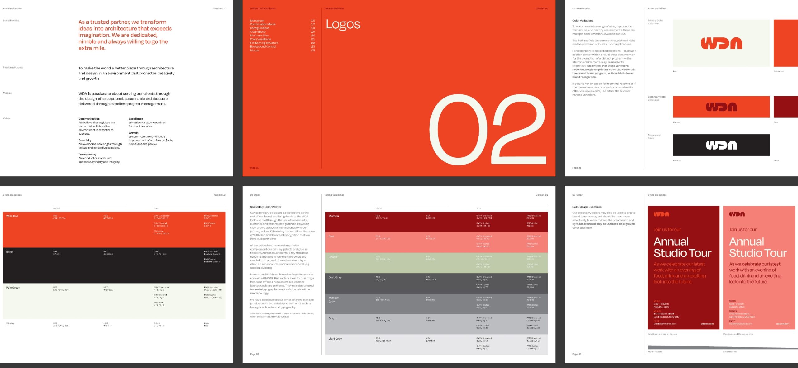 First row showing a grid from pages of the brand guideline