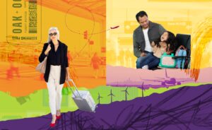 Graphic collage of airport imagery, a woman, a father and daughter