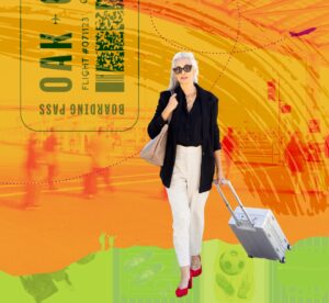 Graphic collage of airport imagery a woman