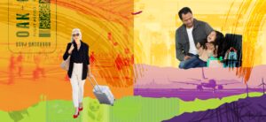 Graphic collage of airport imagery, a woman, a father and daughter